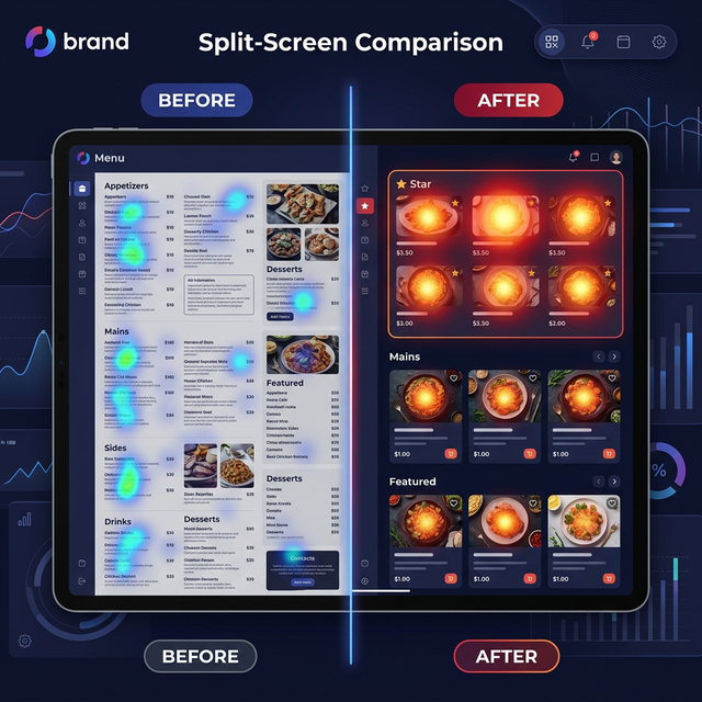 AI Menu Optimization Heatmap showing Before and After engagement comparison